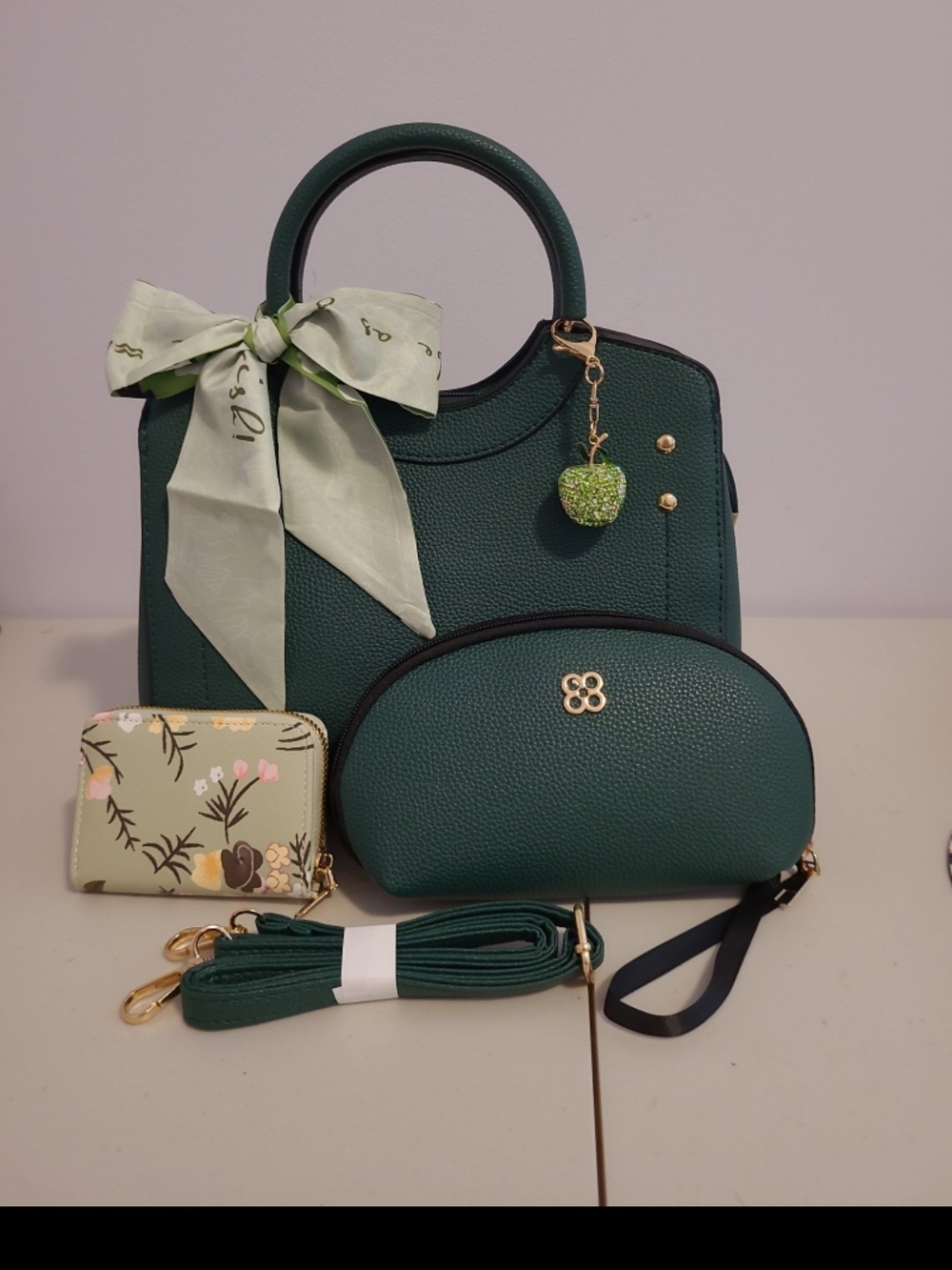 Dark Green Women's Handbag Set with Matching Pouch and Wallet